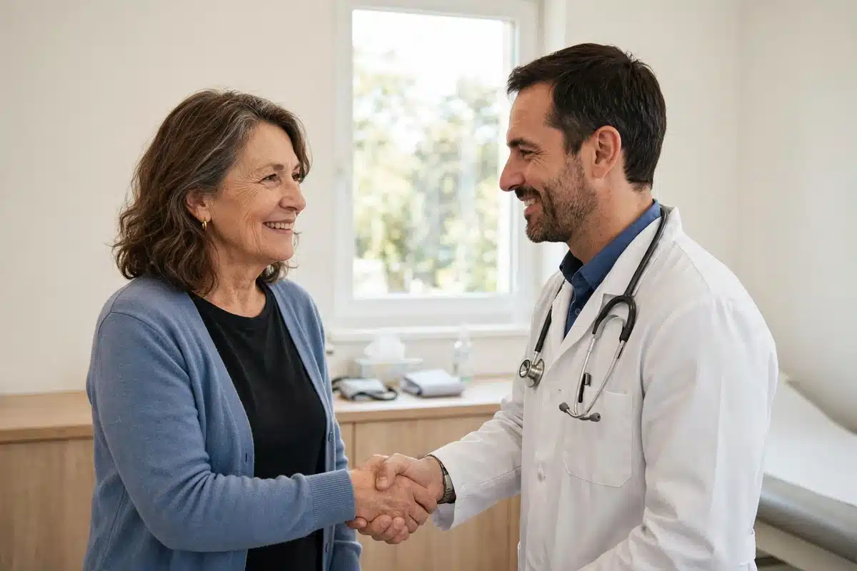 Photo of a woman shaking hands warmly with her doctor at the end of a routine appointment in a bright clinic room