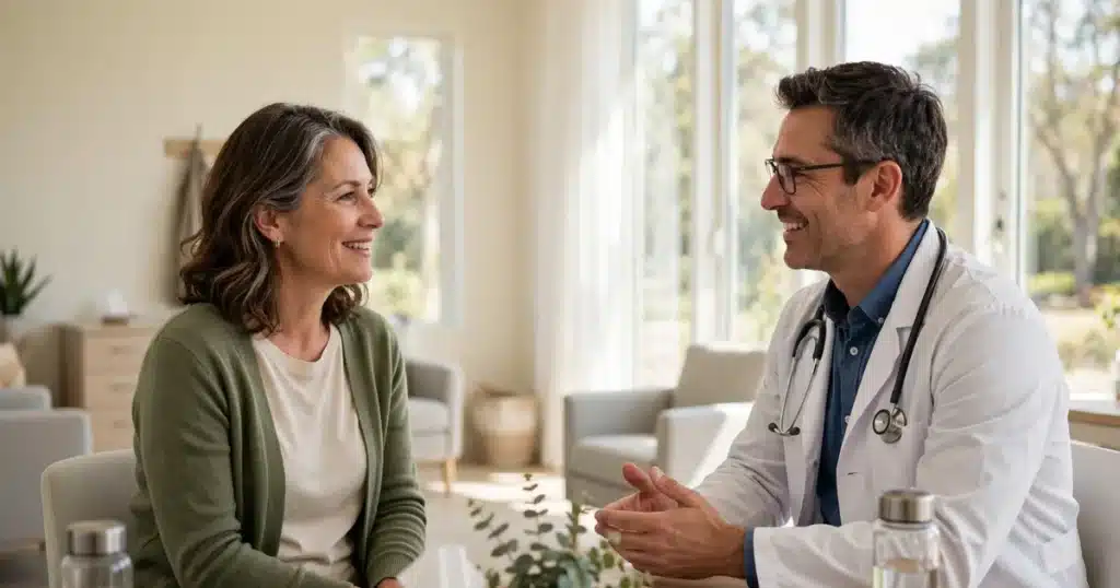Photo of a woman at a routine primary care checkup, talking with her doctor in a bright clinic room