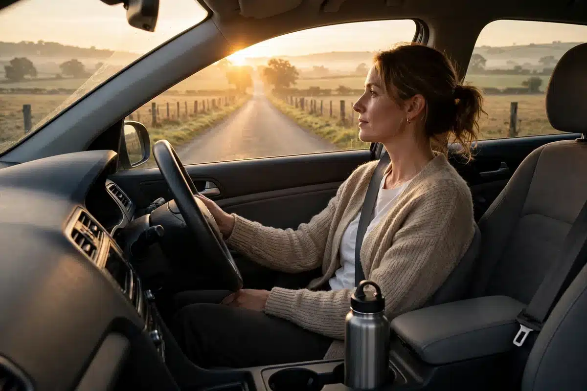 Photo of a woman driving along a quiet rural road at sunrise on her way to a distant appointment, farmland and soft golden light through the windshield