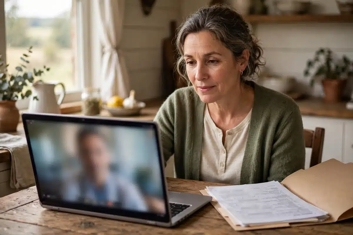 Photo of a woman at her farmhouse kitchen table having a video call with her specialist on a laptop, a plain folder of her records open beside her