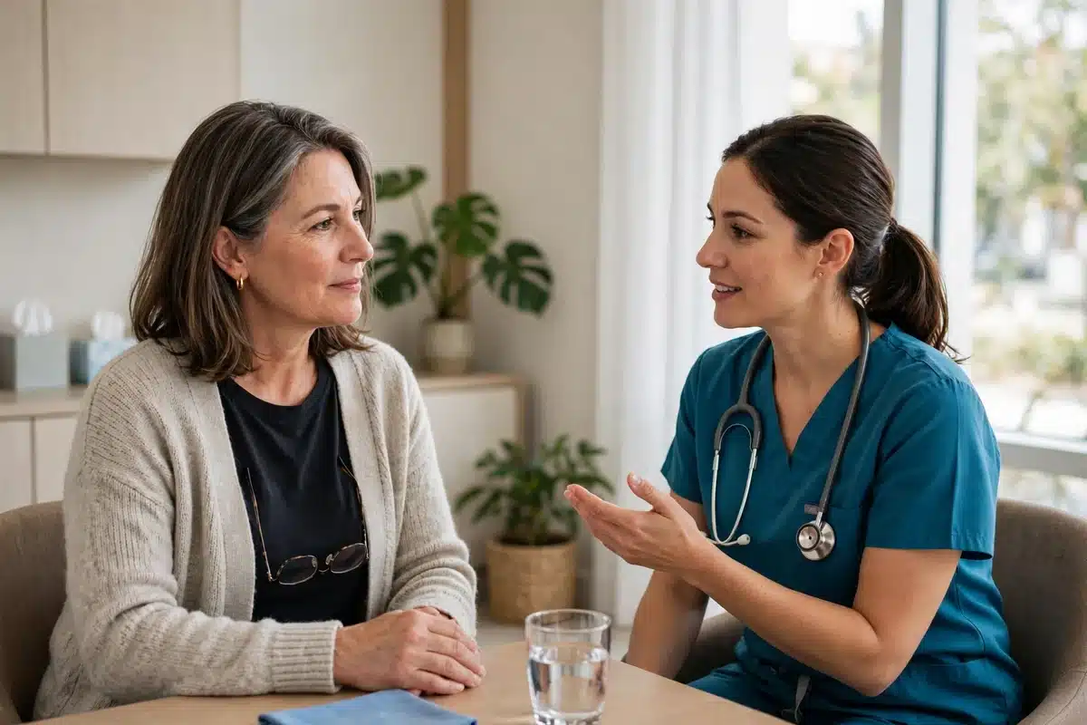 Photo of a woman in her 50s talking with a nurse in a bright clinic room about scalp cooling options