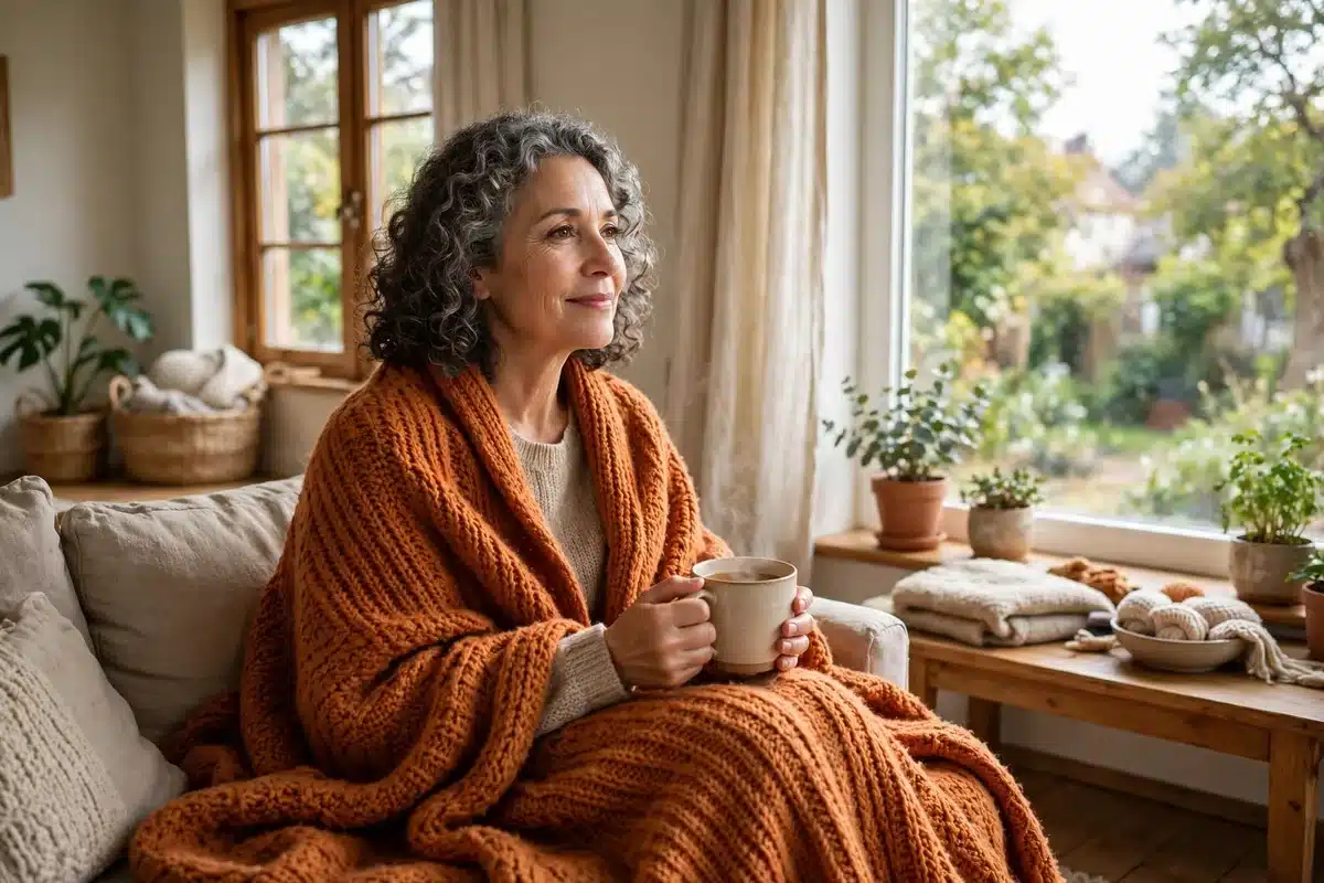 Photo of a woman in her 50s resting at home by a bright window, wrapped in a warm blanket with a cup of tea