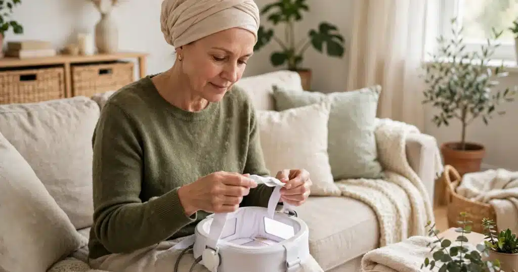 Photo of a woman in her 50s at home adjusting a light head covering in a bright, comfortable living room