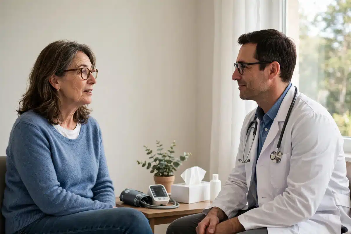 Photo of a woman talking with her doctor during a follow-up appointment in a bright clinic room, both seated and relaxed