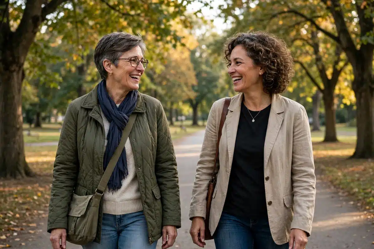 Photo of a woman and her friend enjoying a walk along a tree-lined path in soft afternoon light