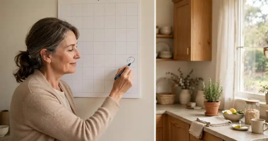 Photo of a woman marking a follow-up appointment on a wall calendar at home in soft daylight