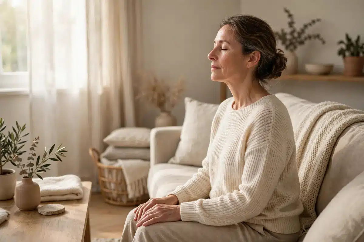 Photo of a woman practicing slow breathing on her sofa at home in soft morning light, eyes closed and shoulders relaxed