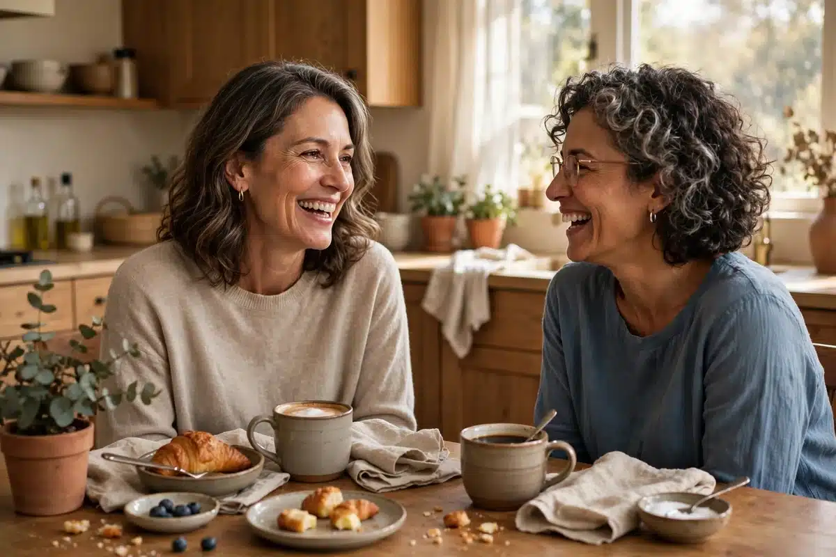 Photo of a woman and her friend laughing gently over coffee at a kitchen table at home, the day before an appointment