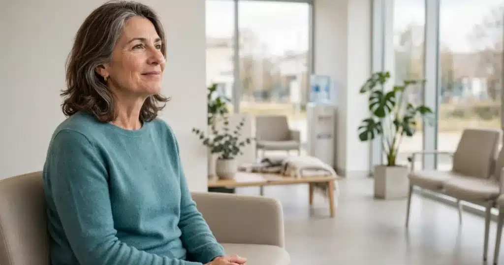 Photo of a woman sitting calmly in a bright clinic waiting area on the day of a scan, hands folded gently in her lap