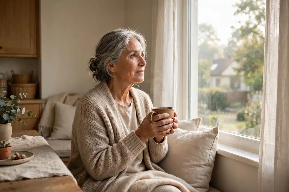 Photo of a woman in her 60s sitting by a bright window at home with a mug in her hands, looking out thoughtfully on the morning of a follow-up appointment