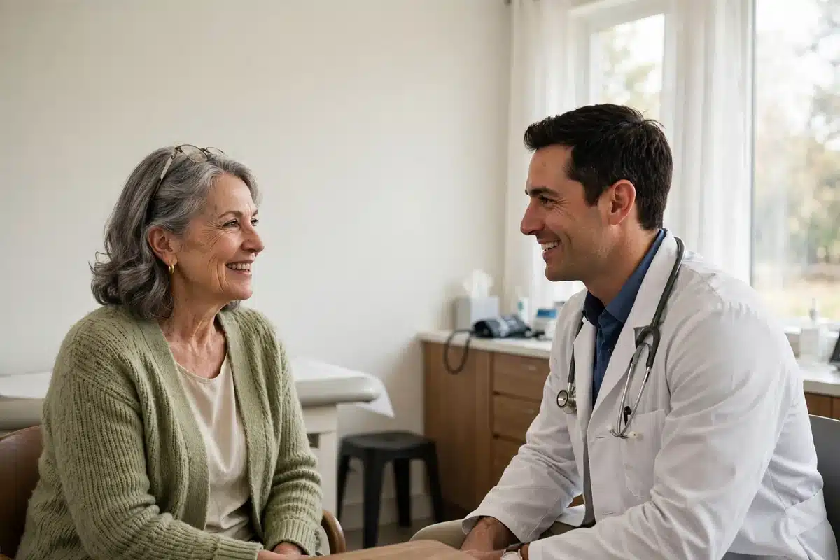 Photo of a woman in her 60s talking with her doctor in a bright clinic room, relaxed and at ease, discussing her long-term follow-up