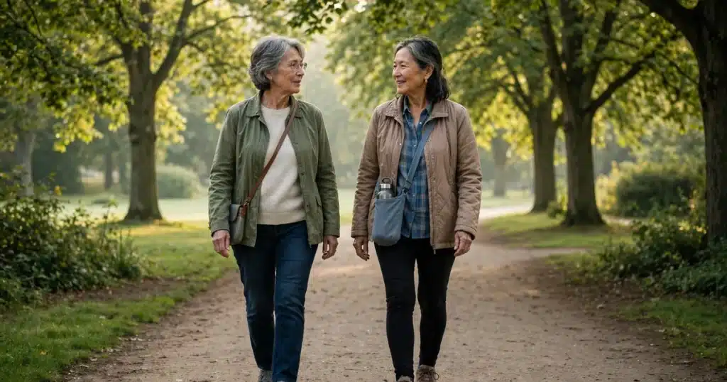 Photo of a woman in her 60s walking along a tree-lined park path with a friend in soft morning light, calm and unhurried