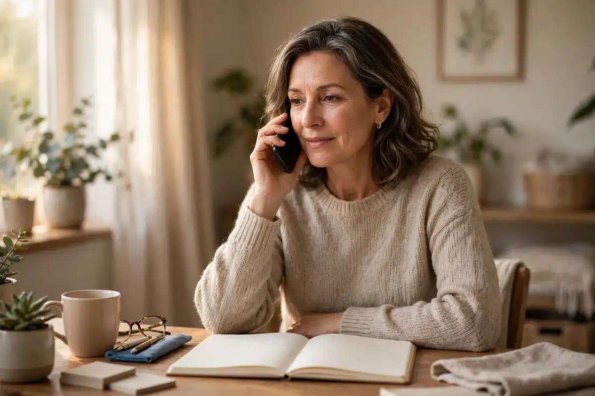 Photo of a woman in her 50s speaking on the phone at home with a plain notebook open, confirming an ultrasound appointment, calm and organised