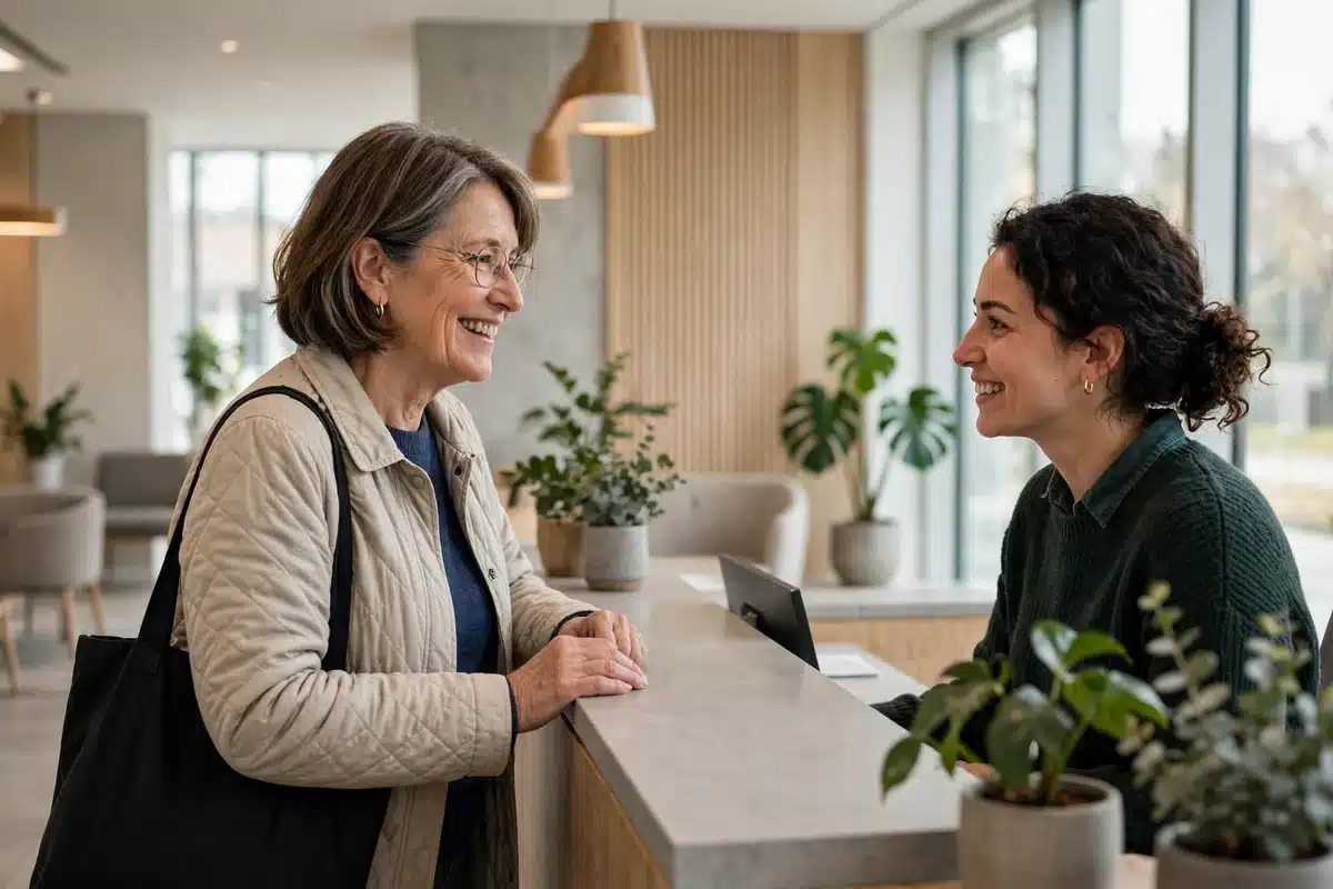 Photo of a woman in her 50s arriving at the bright reception of a modern imaging centre, smiling as she checks in, natural light