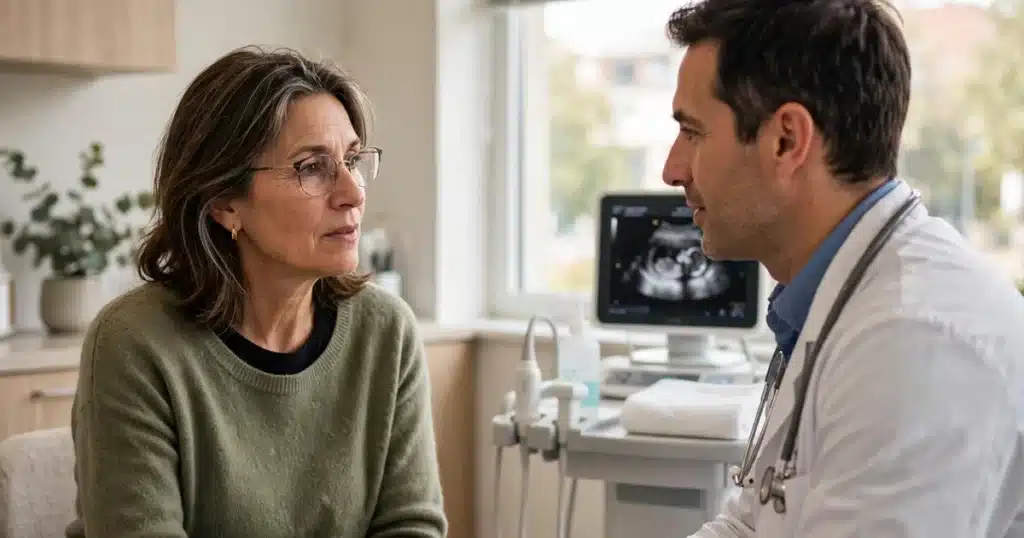 Photo of a woman in her 50s talking with her doctor in a bright clinic office about a follow-up ultrasound, calm and attentive