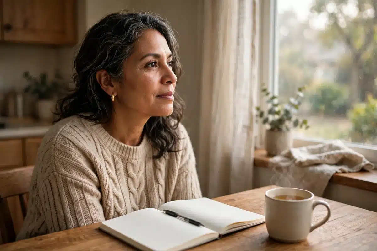 Photo of a woman sitting at her kitchen table with a notebook and a cup of tea, looking thoughtfully out of the window in soft morning light