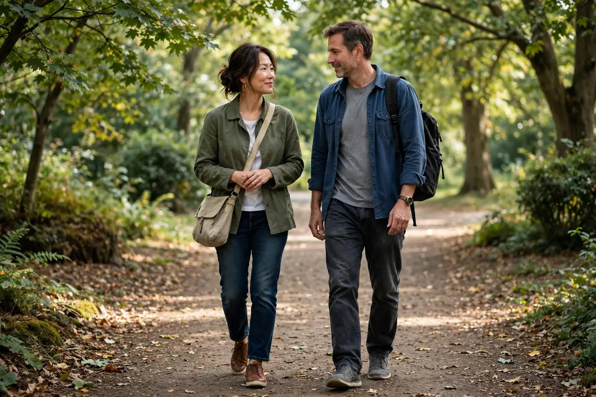 Photo of a woman and her partner taking a gentle walk together along a leafy park path, talking quietly