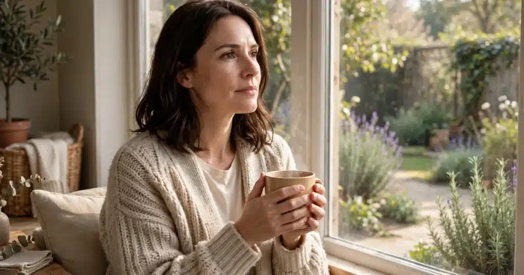 Photo of a woman sitting peacefully by a sunny window at home holding a warm mug, wrapped in a soft knitted cardigan