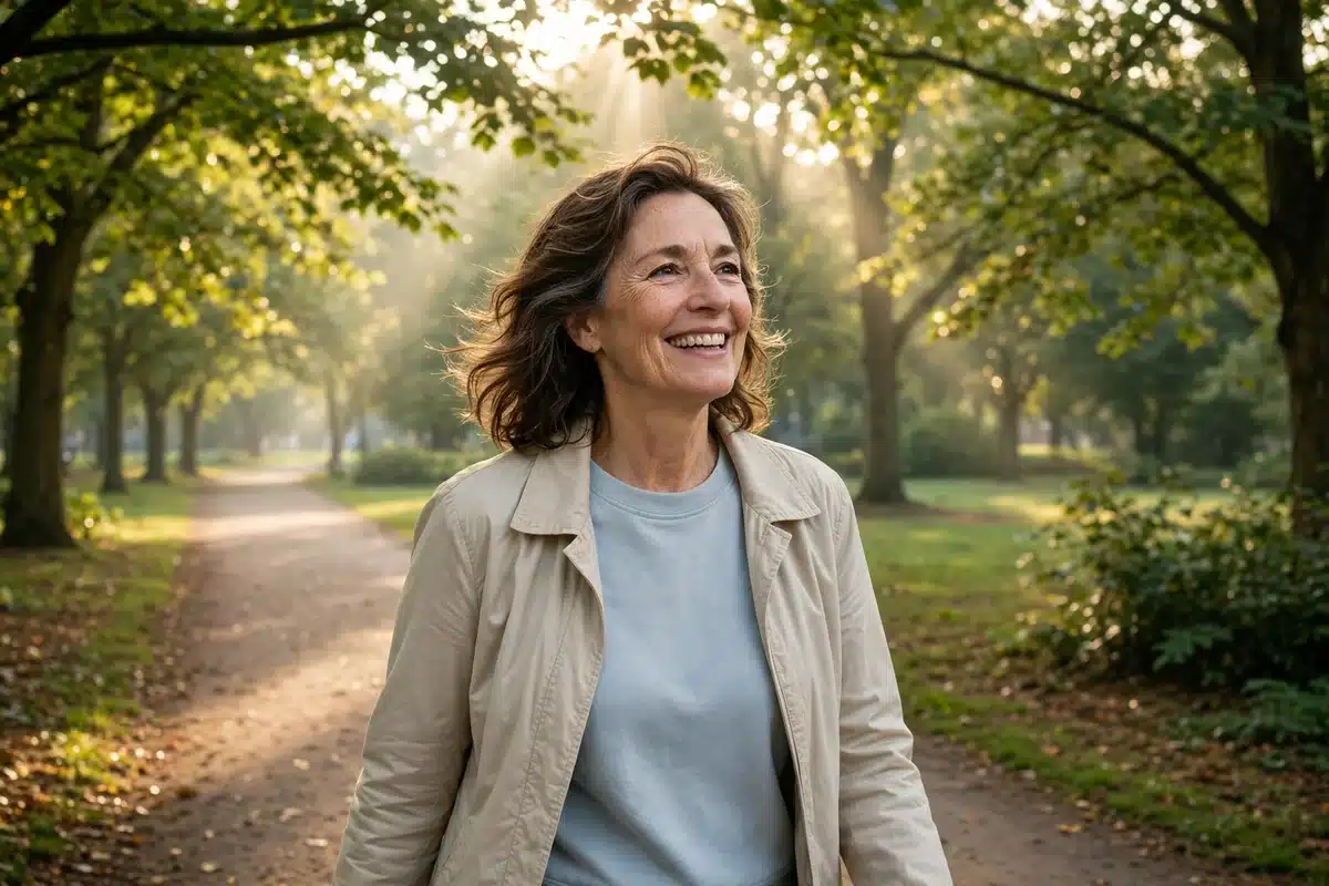 Smiling woman in her fifties walking along a sunlit park path in the morning