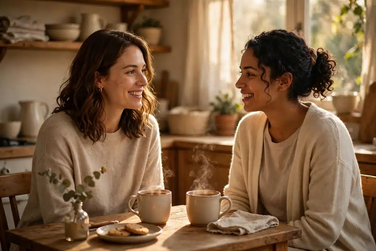 Two women friends sharing cups of tea and talking warmly at a kitchen table