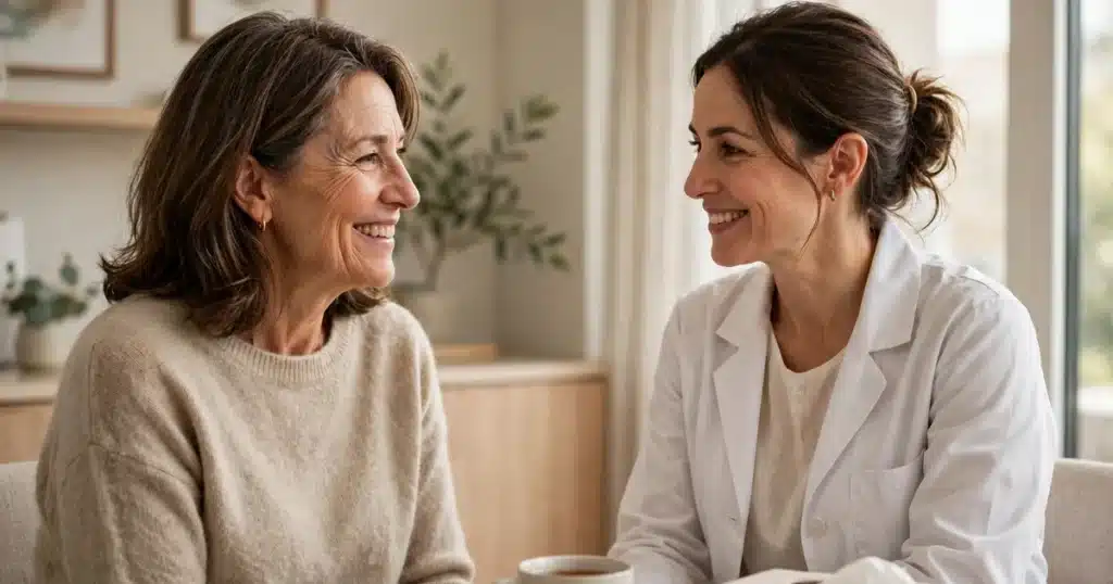 Woman in a warm conversation with her doctor in a bright, light-filled clinic room