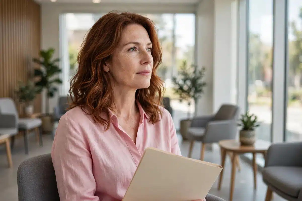 Photo of a woman in her 40s sitting calmly in a bright clinic waiting room, holding a plain folder on her lap