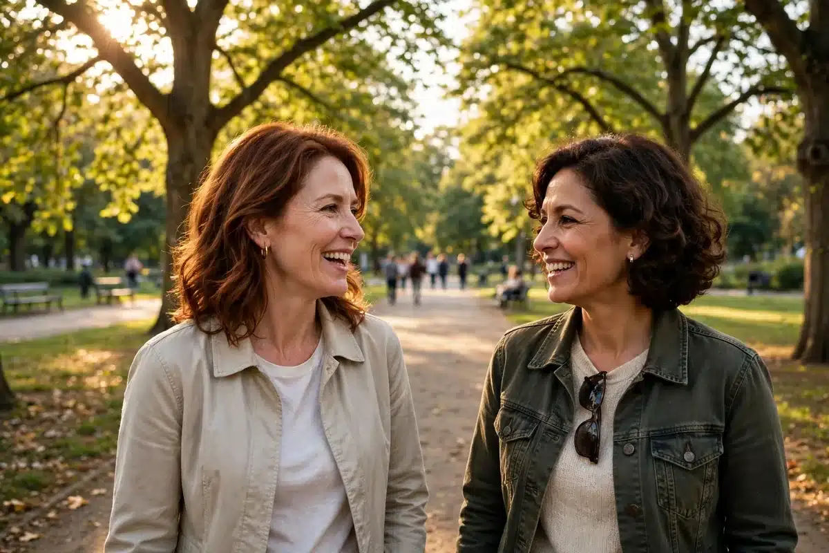 Photo of a woman in her 40s walking in a sunny park with a close friend, talking as they walk