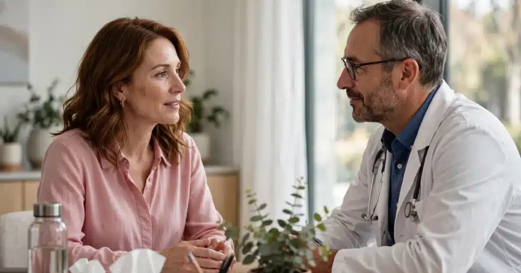 Photo of a woman in her 40s talking with her doctor in a bright clinic office about a rare type of breast cancer