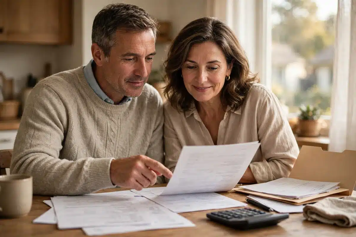 A couple reviewing their itemized medical bills together at the kitchen table before calling to ask about a self-pay discount