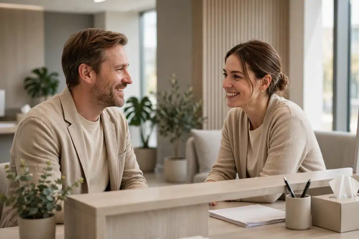 A friendly in-person conversation between a patient and a hospital billing office staff member about self-pay options