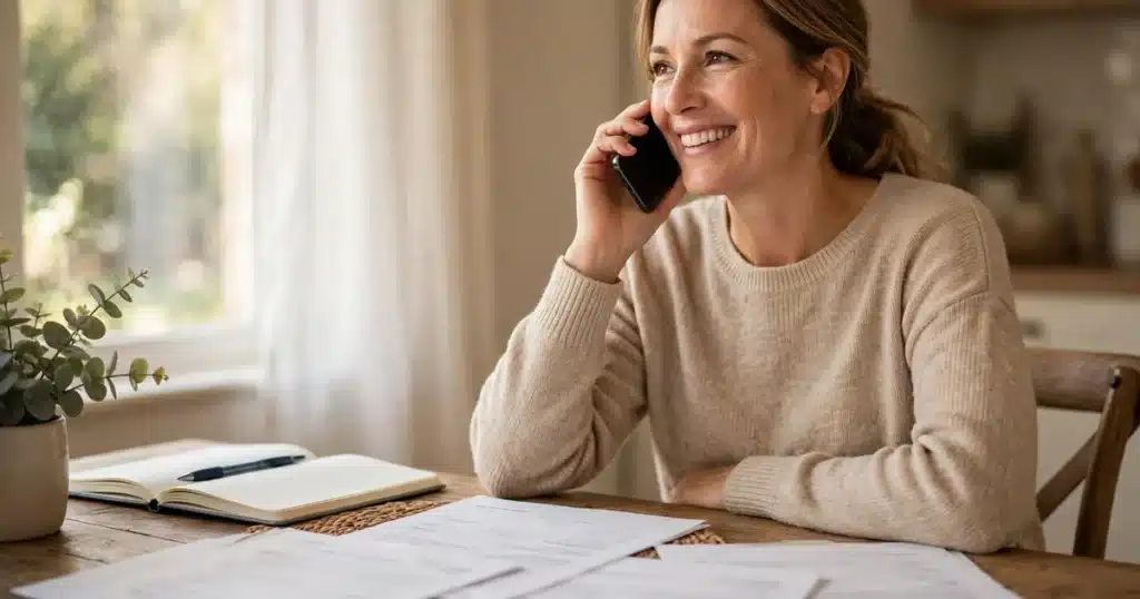 Woman calmly calling a hospital billing office about a self-pay discount, with medical paperwork and a notebook on the table beside her