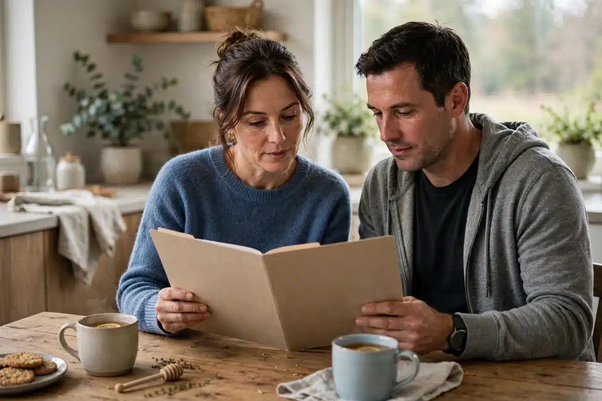 Photo of a woman in her 40s at home reading through a plain information folder with her partner at the kitchen table in soft daylight