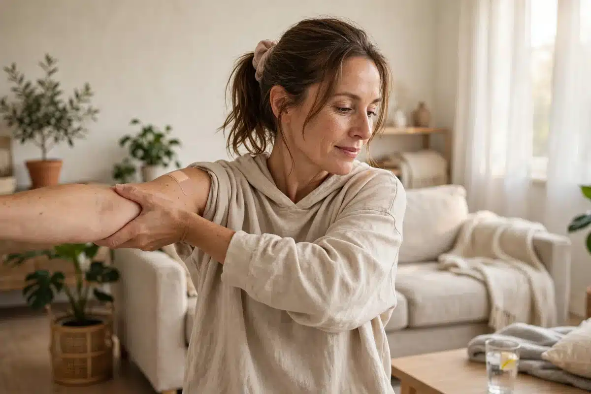 Photo of a woman in her 40s doing a gentle arm stretch at home in a bright living room, recovering after surgery in soft morning light