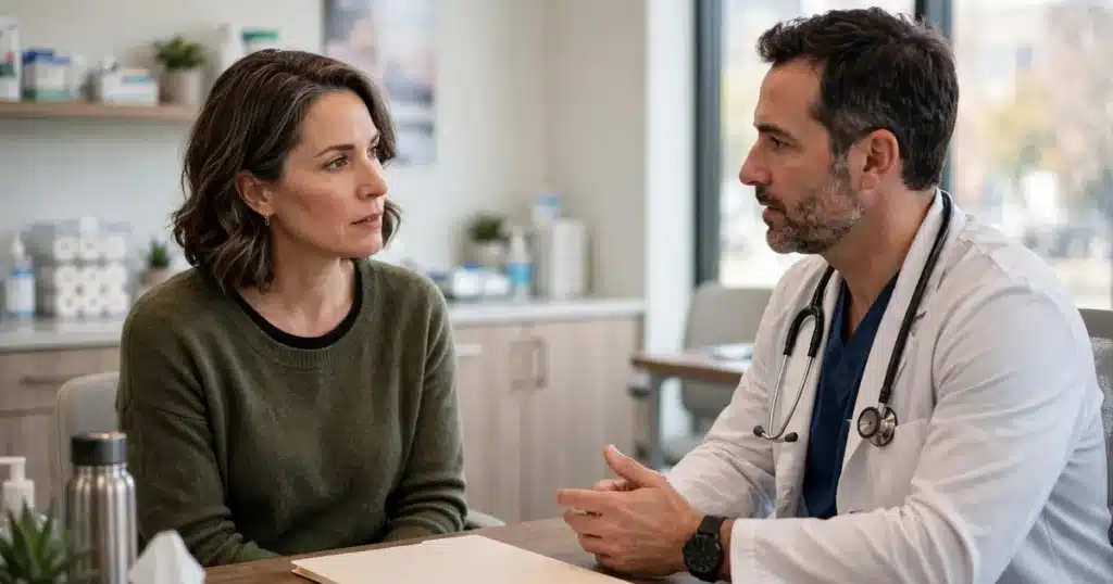Photo of a woman in her 40s talking with her surgeon in a bright clinic office before surgery, a plain folder on the desk between them