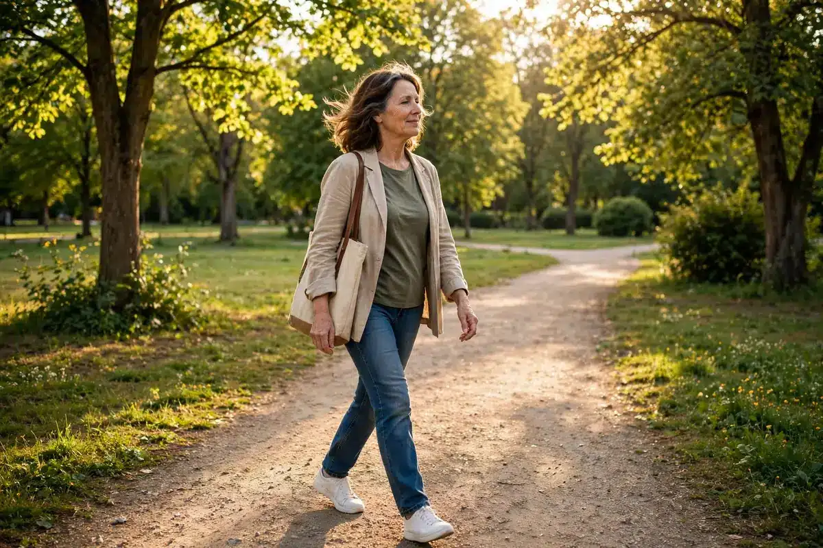 A caregiver walking alone along a sunlit park path