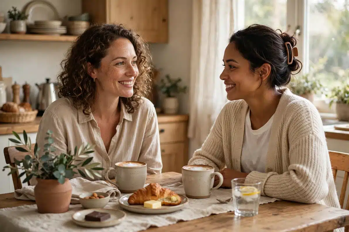 Two friends having coffee together at a kitchen table