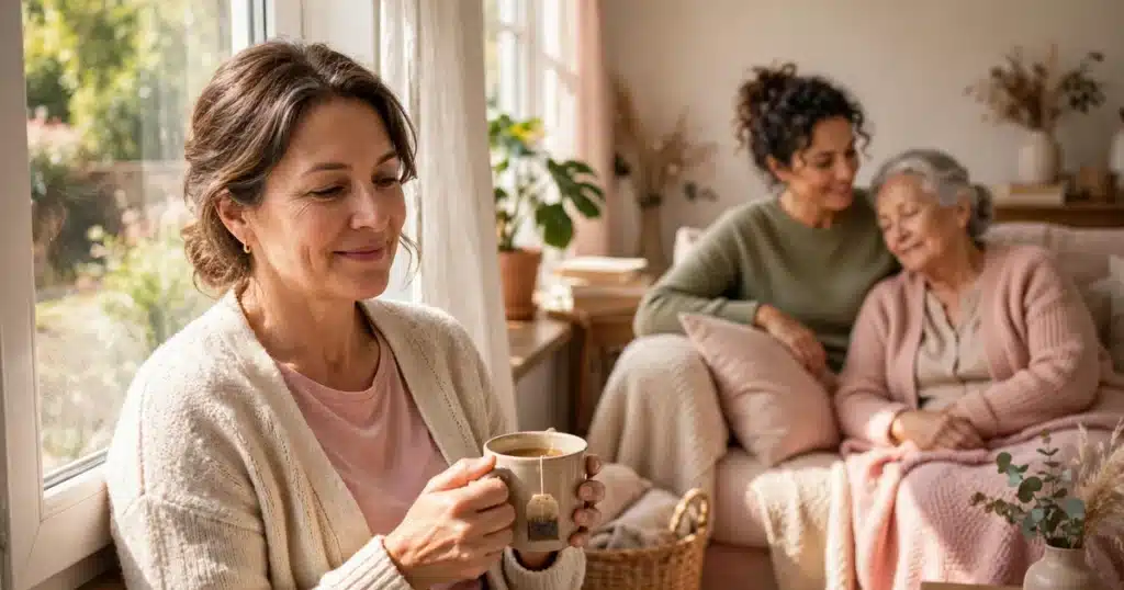 A caregiver relaxing with a cup of tea by a sunny window while a friend sits with her loved one on a sofa nearby