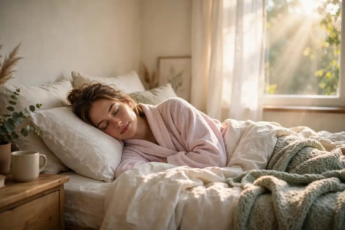 A woman resting peacefully in a sunny bedroom wrapped in a soft pastel robe, with warm morning sunlight filling the calm room, conveying rest and quiet recovery.