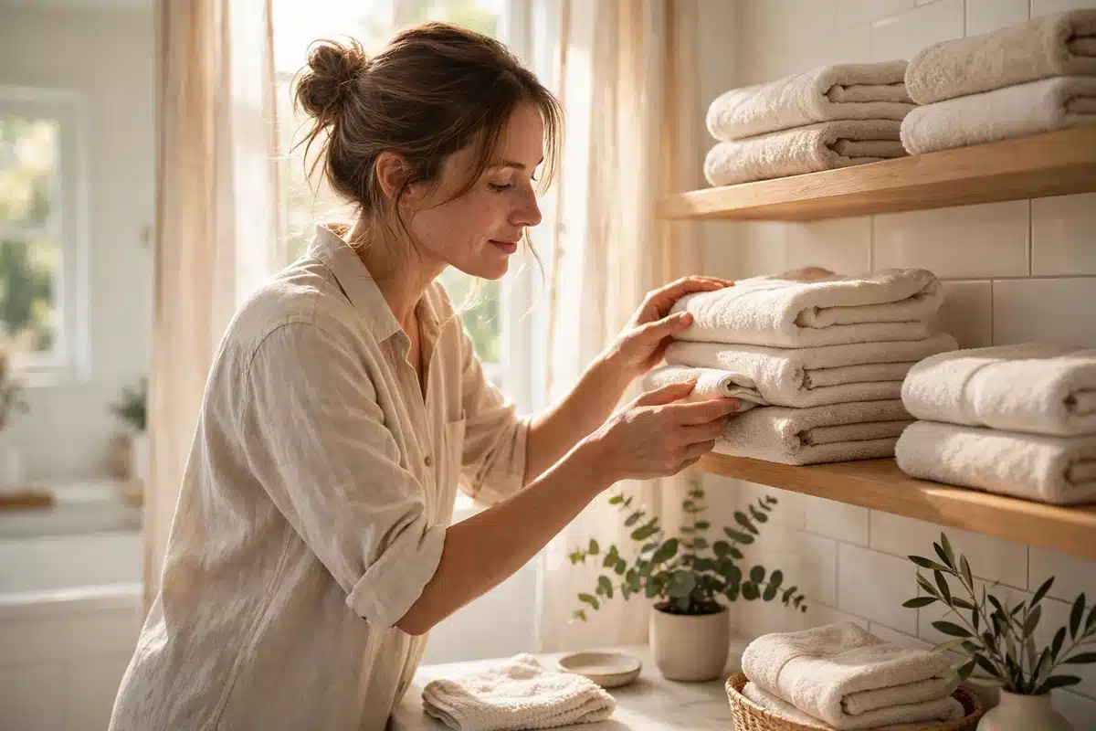 A woman gently arranging a stack of soft folded towels on a bathroom shelf in warm natural light, with a calm and hopeful mood.