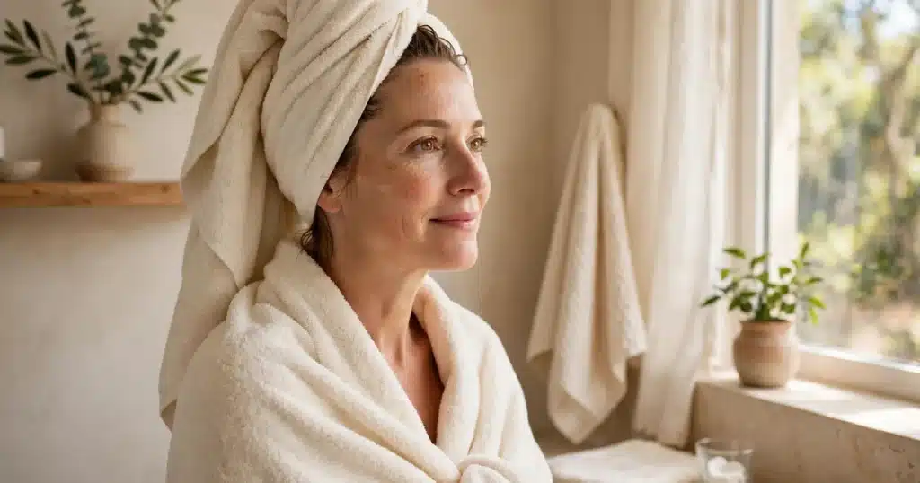 A woman wrapped in a soft cream towel in a bright warm bathroom, looking calm and hopeful, with soft natural daylight.