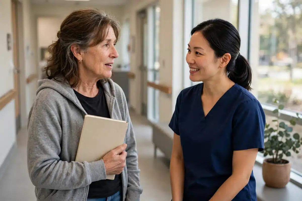 A woman in her 50s talking with a female radiation therapist in a bright clinic hallway, the therapist listening warmly, the patient in casual clothes holding a plain notebook, calm and hopeful mood, no readable text, no logos
