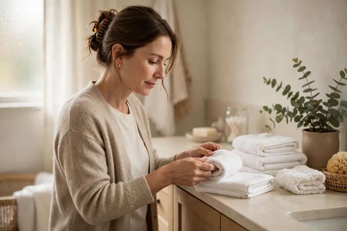 A woman in her 40s at home in a softly lit bathroom neatly folding clean white towels on a counter, calm self-care moment, warm neutral tones, no readable text, no logos