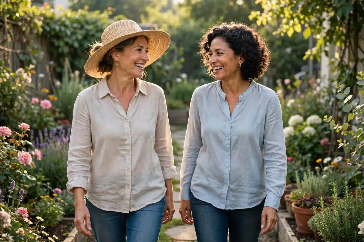 Photo of a woman in her 50s wearing a wide-brimmed hat and light long sleeves, walking in a sunny garden with a friend