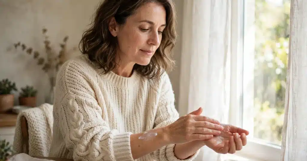 Photo of a woman in her 50s gently rubbing moisturising cream into her hands and forearms beside a bright window at home