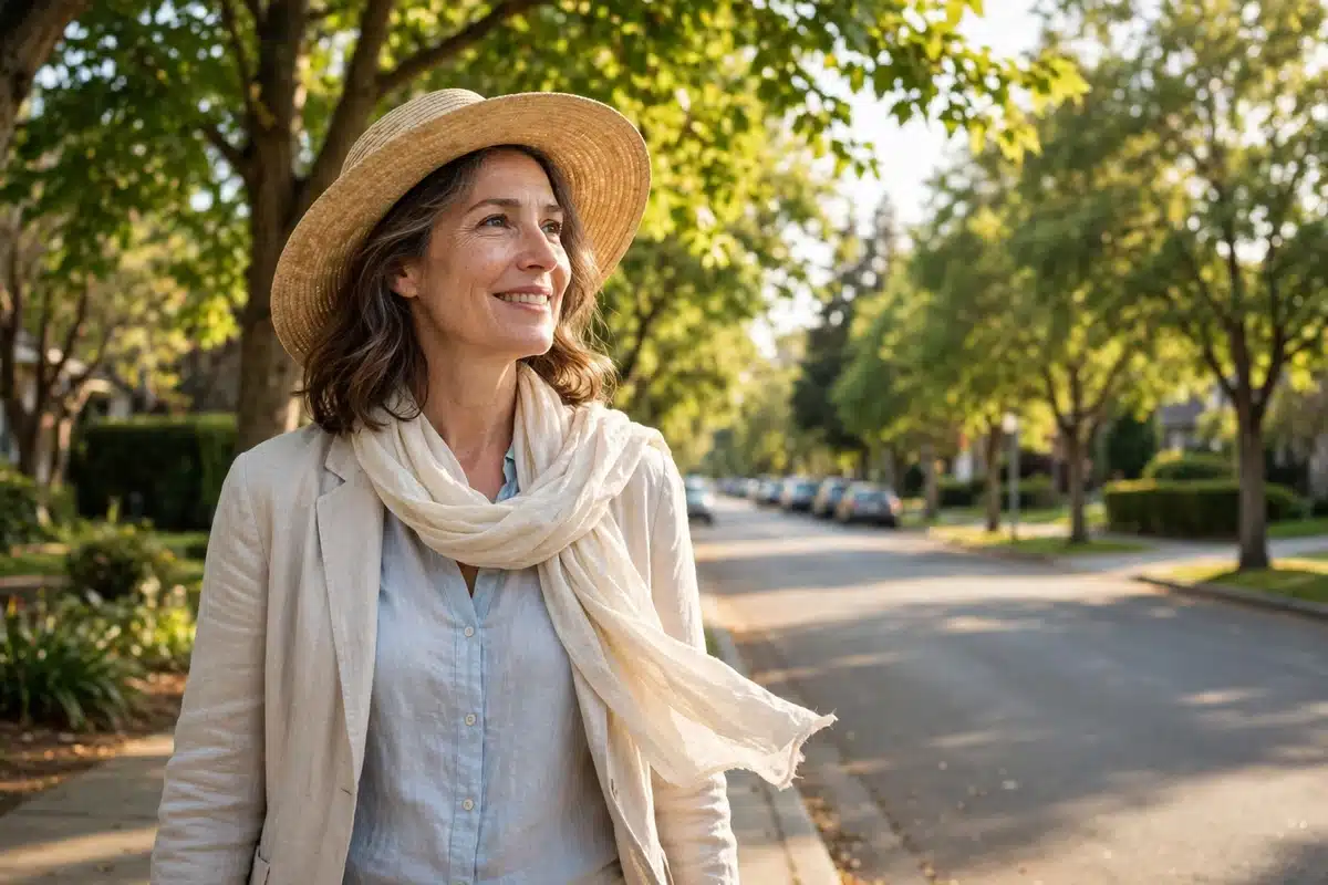Photo of a woman in her 50s walking outdoors wearing a wide-brimmed hat and a light scarf in warm sunshine, smiling gently on a leafy street, hopeful mood