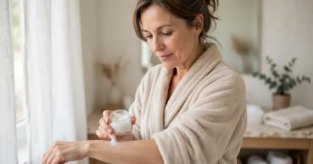 Photo of a woman in her 50s at home in a bright bathroom gently applying plain moisturiser to her forearm, wearing a soft robe, calm everyday routine, soft natural light