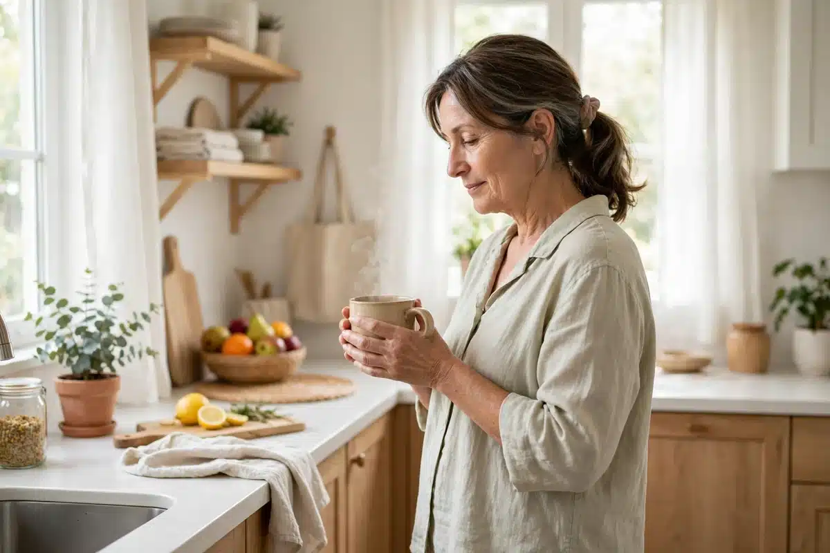 Photo of a woman in her 50s at home a few weeks after surgery, wearing a soft comfortable loose top, standing in a bright kitchen holding a warm mug with both hands, peaceful recovering mood, gentle natural light