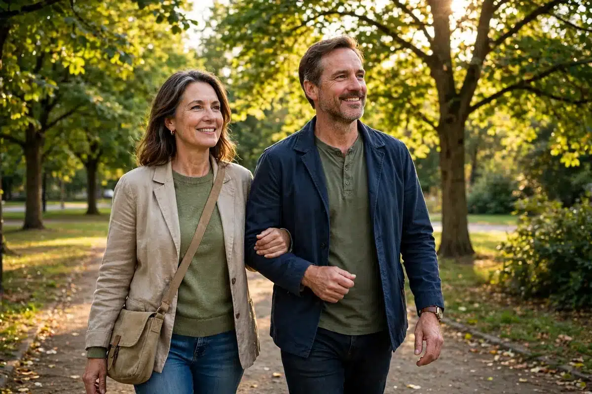 Photo of a woman in her 50s walking outdoors in a leafy park with her partner in warm afternoon light, arm in arm, confident and relaxed, green trees around them