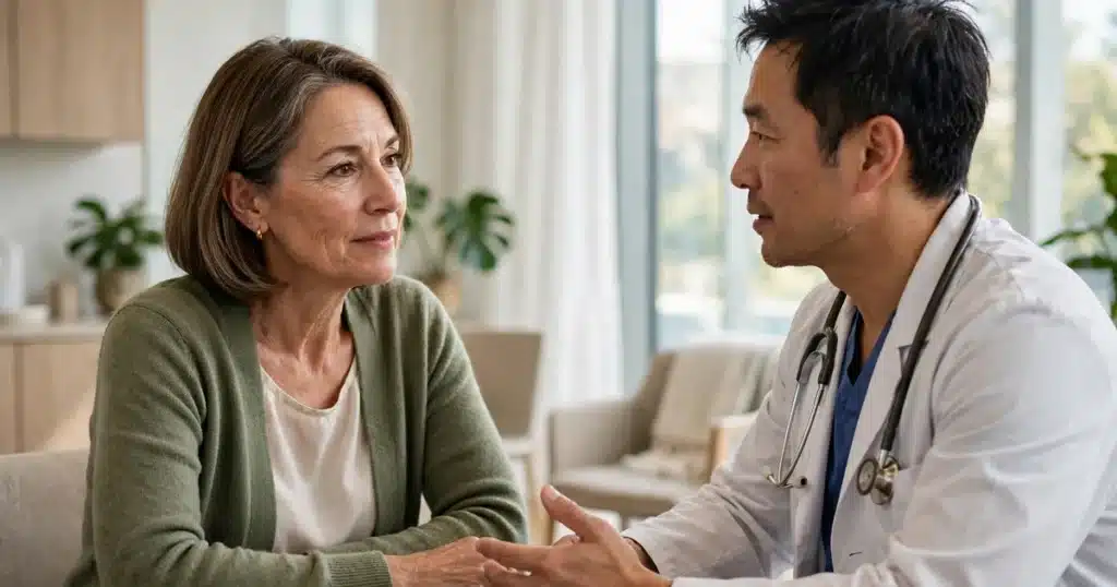 Photo of a woman in her 50s sitting across from her surgeon in a bright clinic office discussing her surgery choices, calm and unhurried