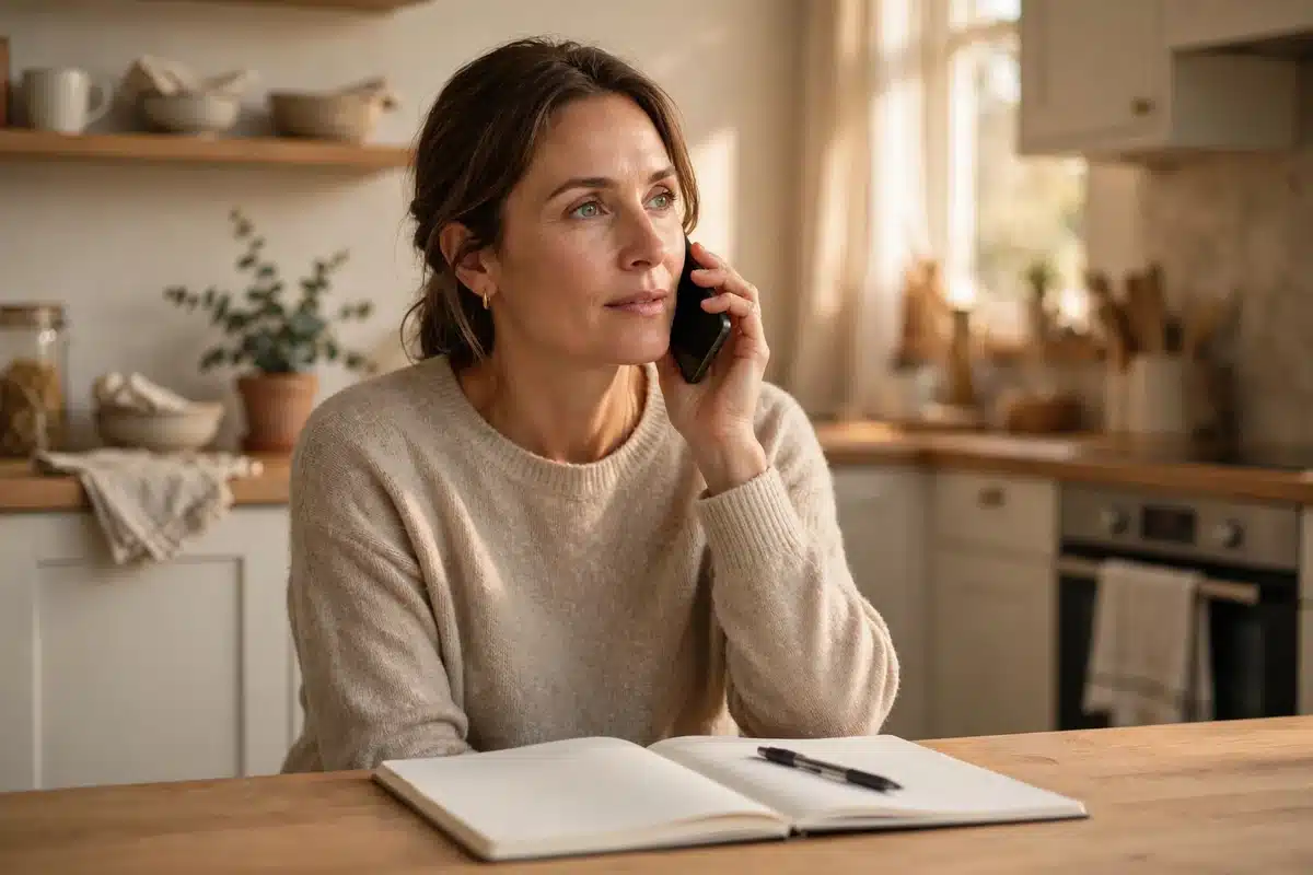 Photo of a woman in her 40s talking on the phone at home, a plain notebook open on the table in front of her
